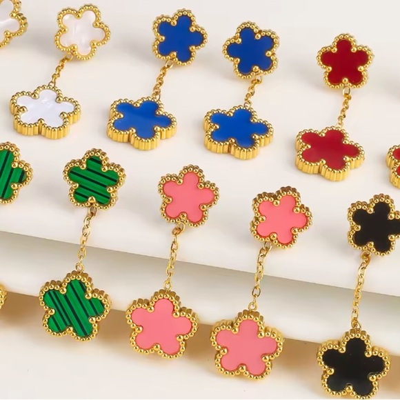 Alhambra Pink Luck Four Clover Gold Flower Stainless Steel Drop Earrings - Picture 3 of 6